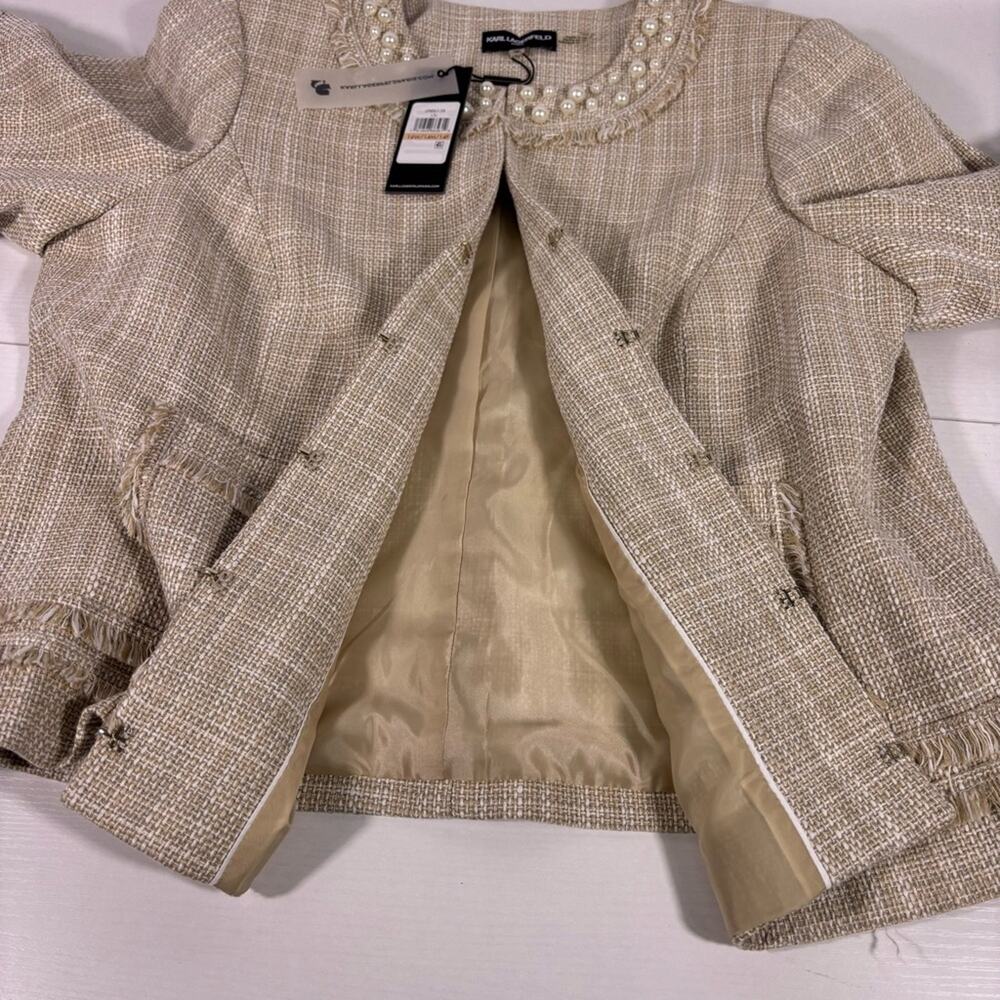 NWT Karl Lagerfeld Tweed Beige Bell Sleeve Women's Blazer Pearl Trim Size 14W C1 - Picture 9 of 9